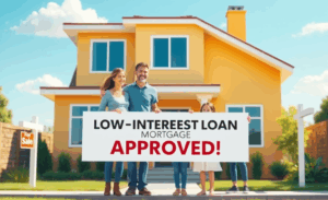 A happy family standing outside their new home, celebrating their low-interest mortgage loan approval.