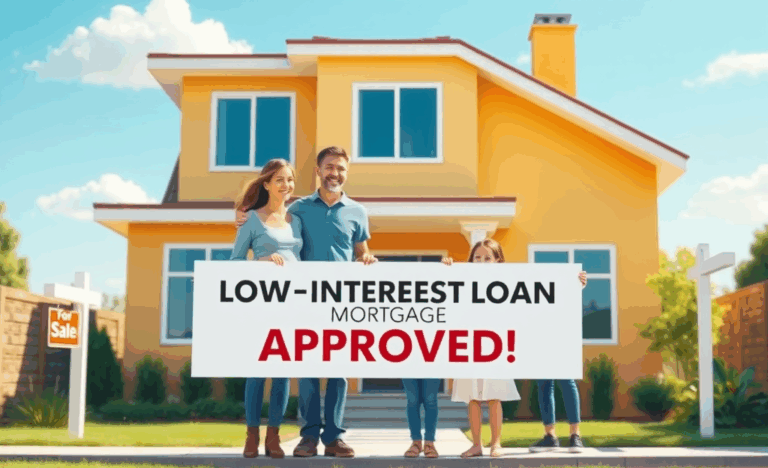 A happy family standing outside their new home, celebrating their low-interest mortgage loan approval.