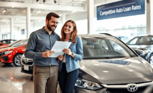 A person considering a loan for vehicle acquisition, with a car in focus and financial documents in hand.