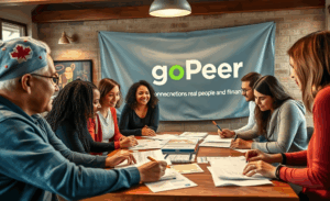 Illustration of goPeer connecting individuals for funding outside traditional banks.