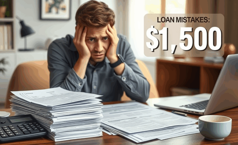 A person reviewing loan documents with calculator to avoid costly loan mistakes.