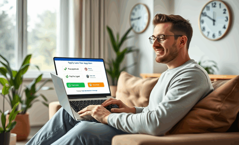 A person happily using a laptop for online loan application.